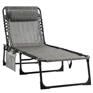 Outsunny Reclining Chaise Lounge Chair, Portable Sun Lounger, Folding Camping Cot, With Adjustable Backrest And Removable Pillow, For Patio, Garden, Beach, Grey Gray Fabric
