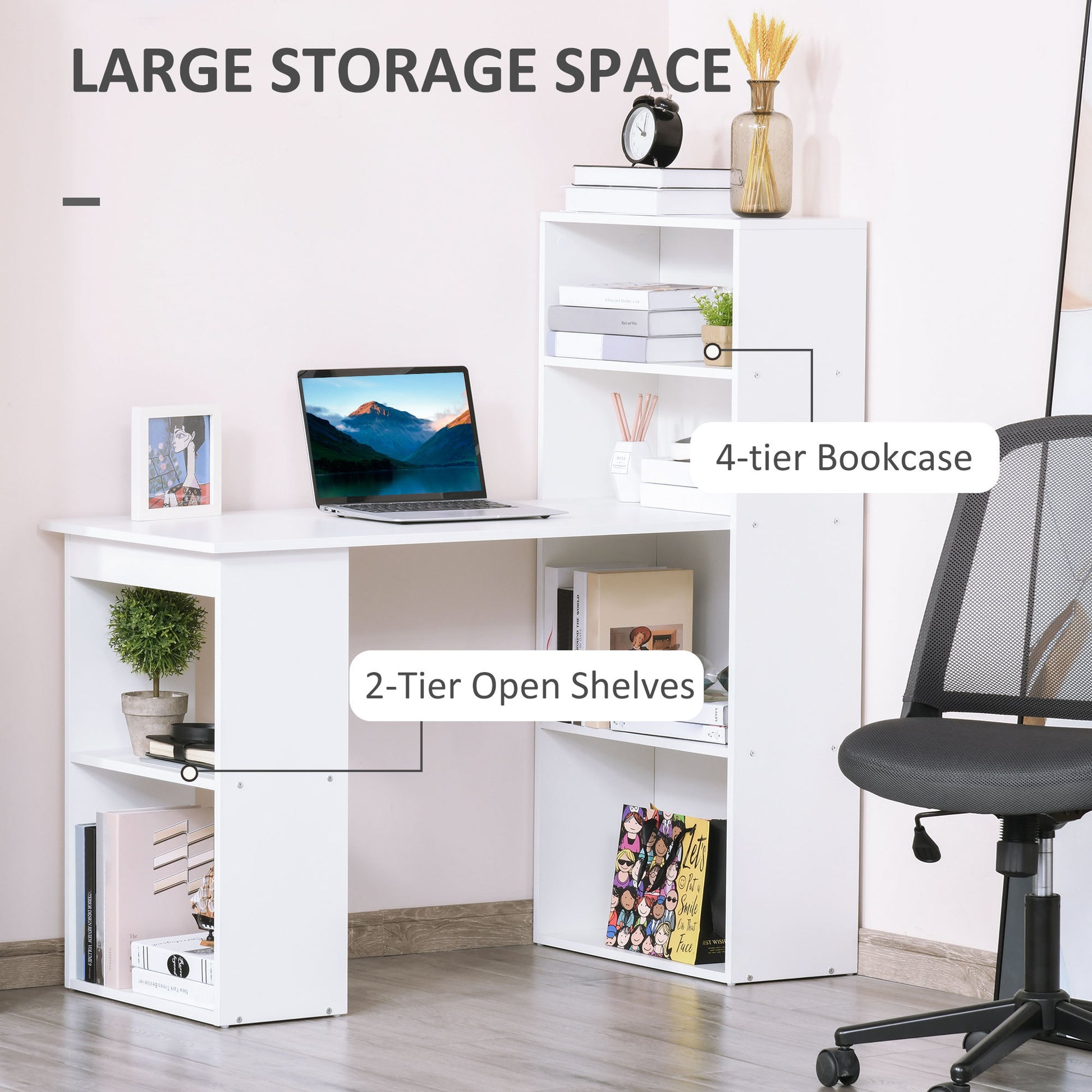 Homcom Modern Home Office Desk With 6 Tier Storage Shelves, 47" Writing Table With Bookshelf, White White Engineered Wood