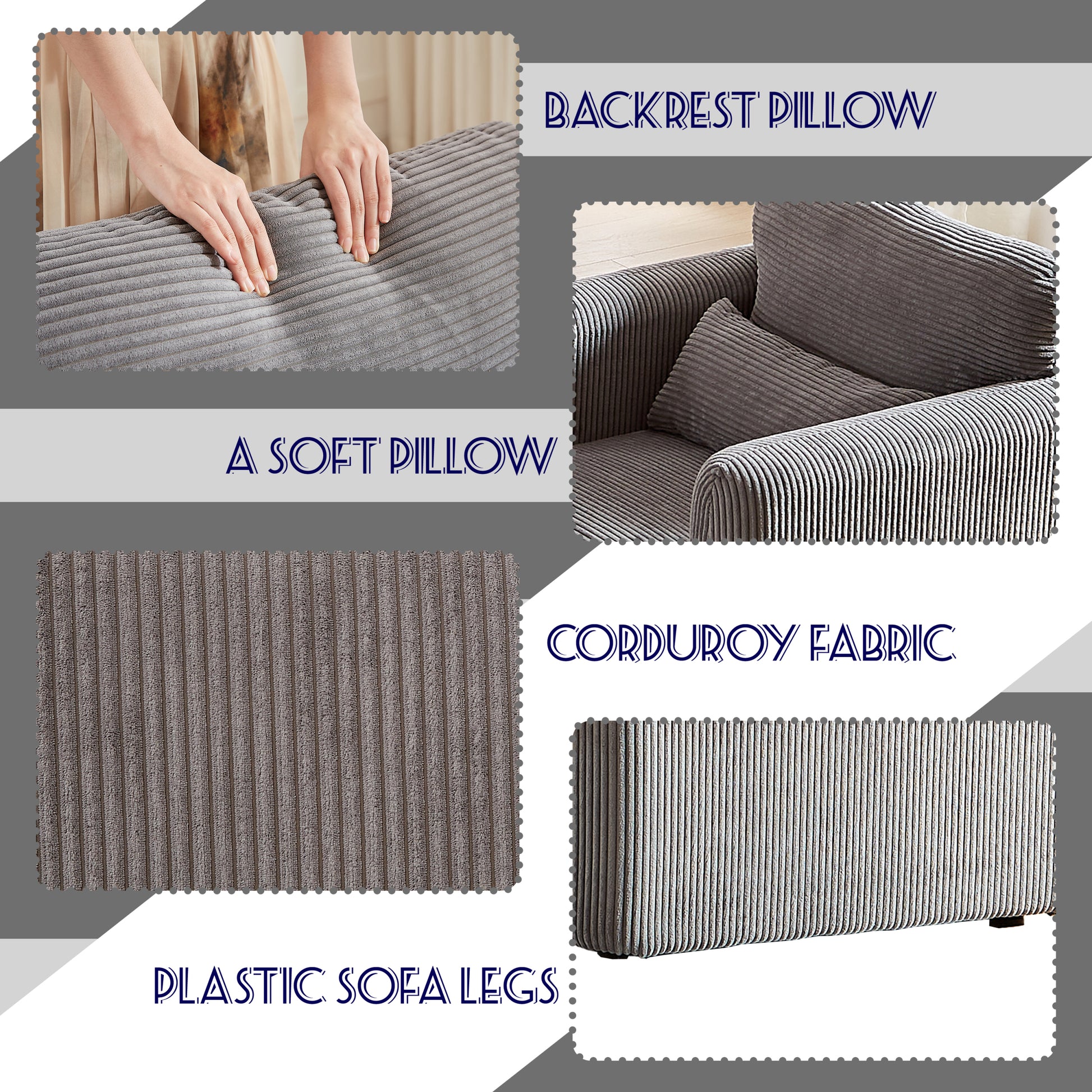 60"Corduroy Fabric Sofa With Two 33" Single Sofa, Modern Sofa With Support Pillow, For Apartment, Office, Living Room & Bedroom Grey Corduroy 4 Seat