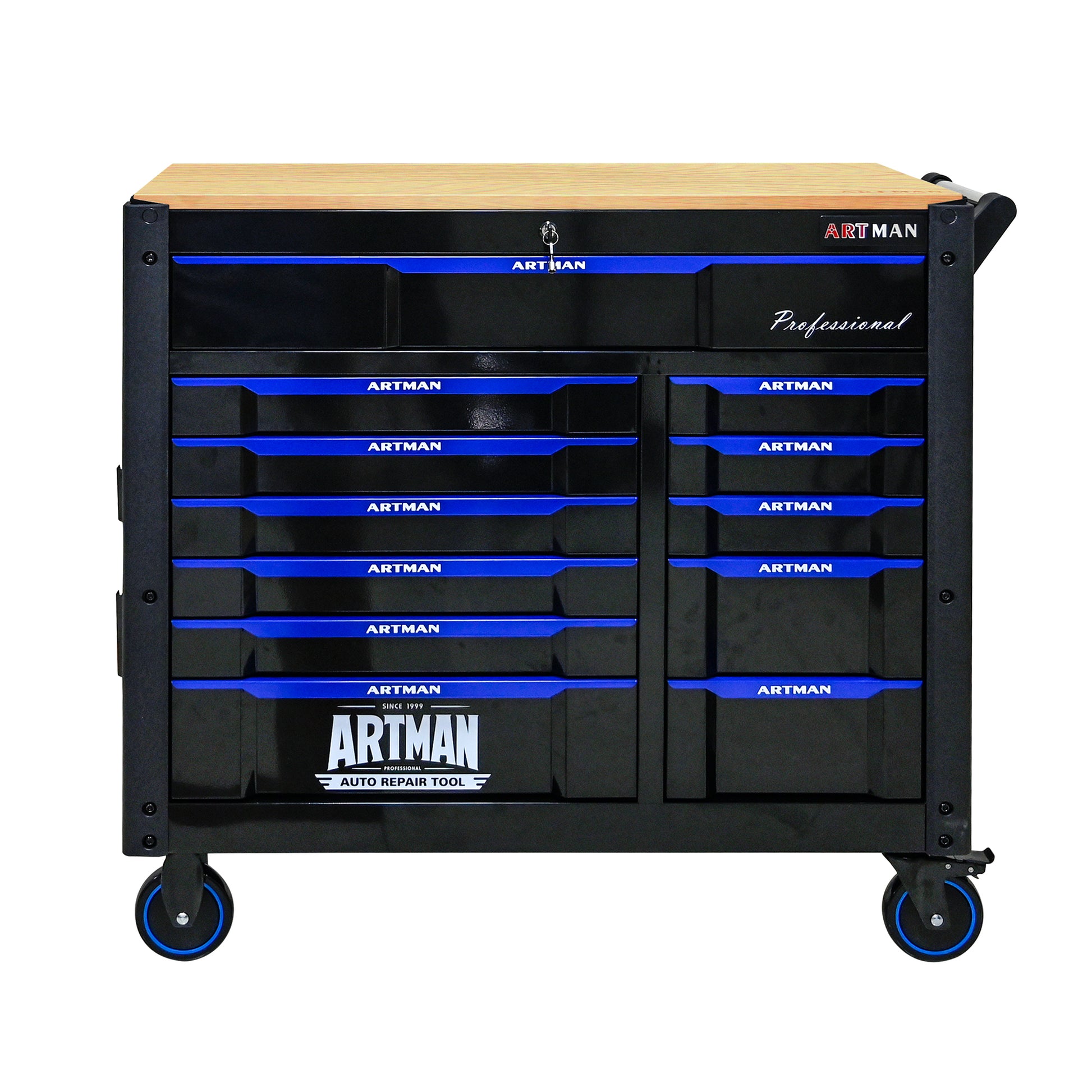 12 Layer Drawer Multi Purpose Tool Car, With Wheels, Wooden Countertops Black Blue Steel