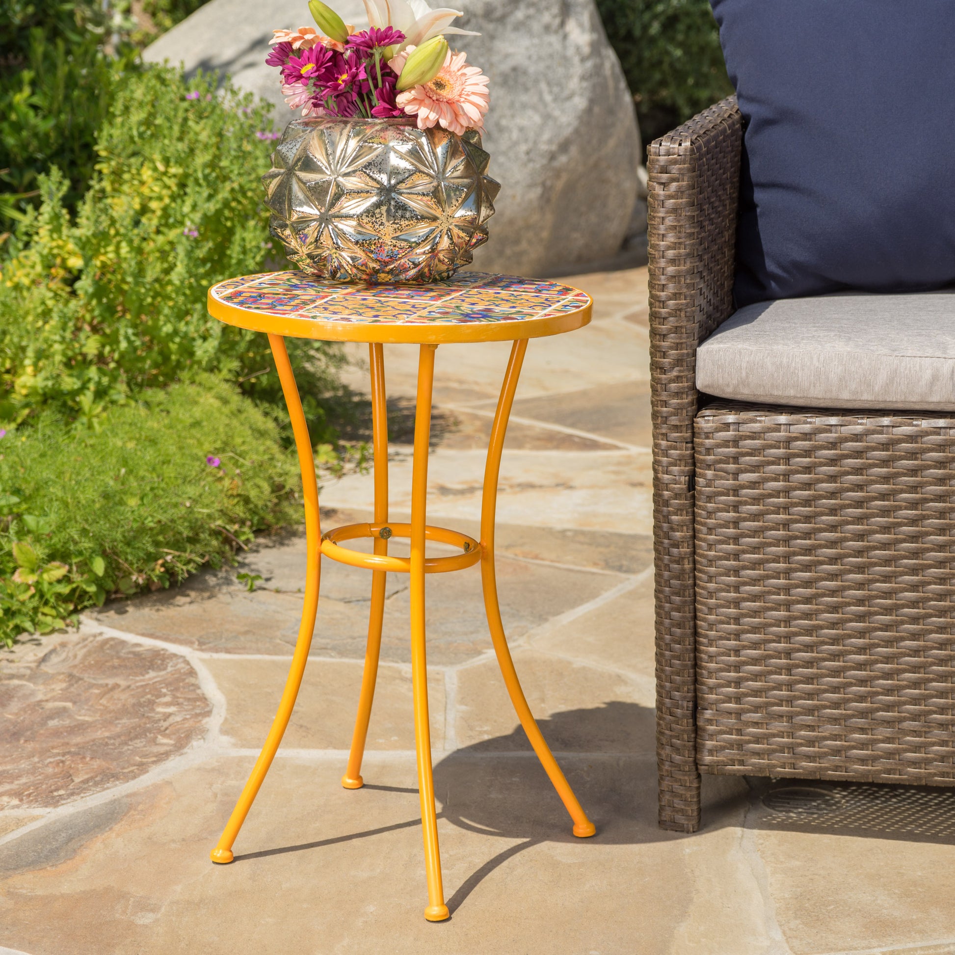 Barnsfield End Table Yellow Ceramic Tile Iron