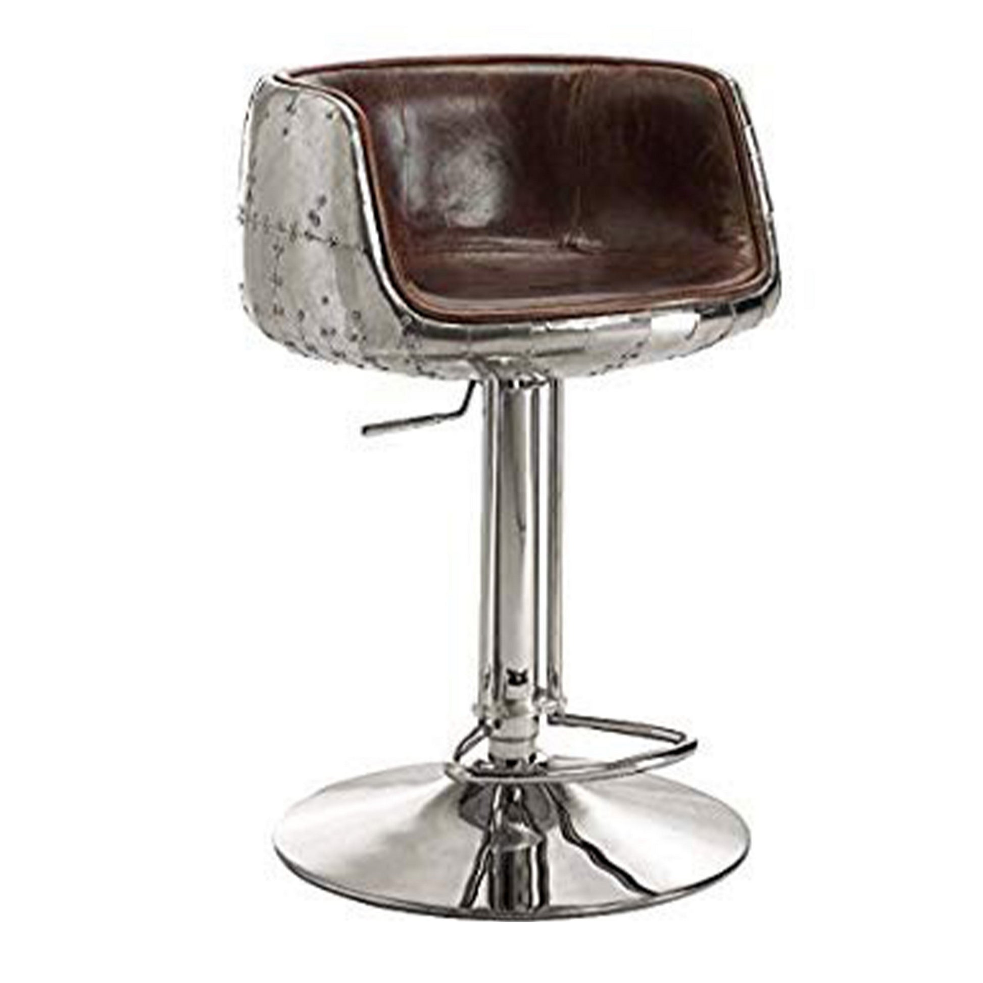 Comfy Adjustable Stool With Swivel, Vintage Brown & Silver Silver Leather