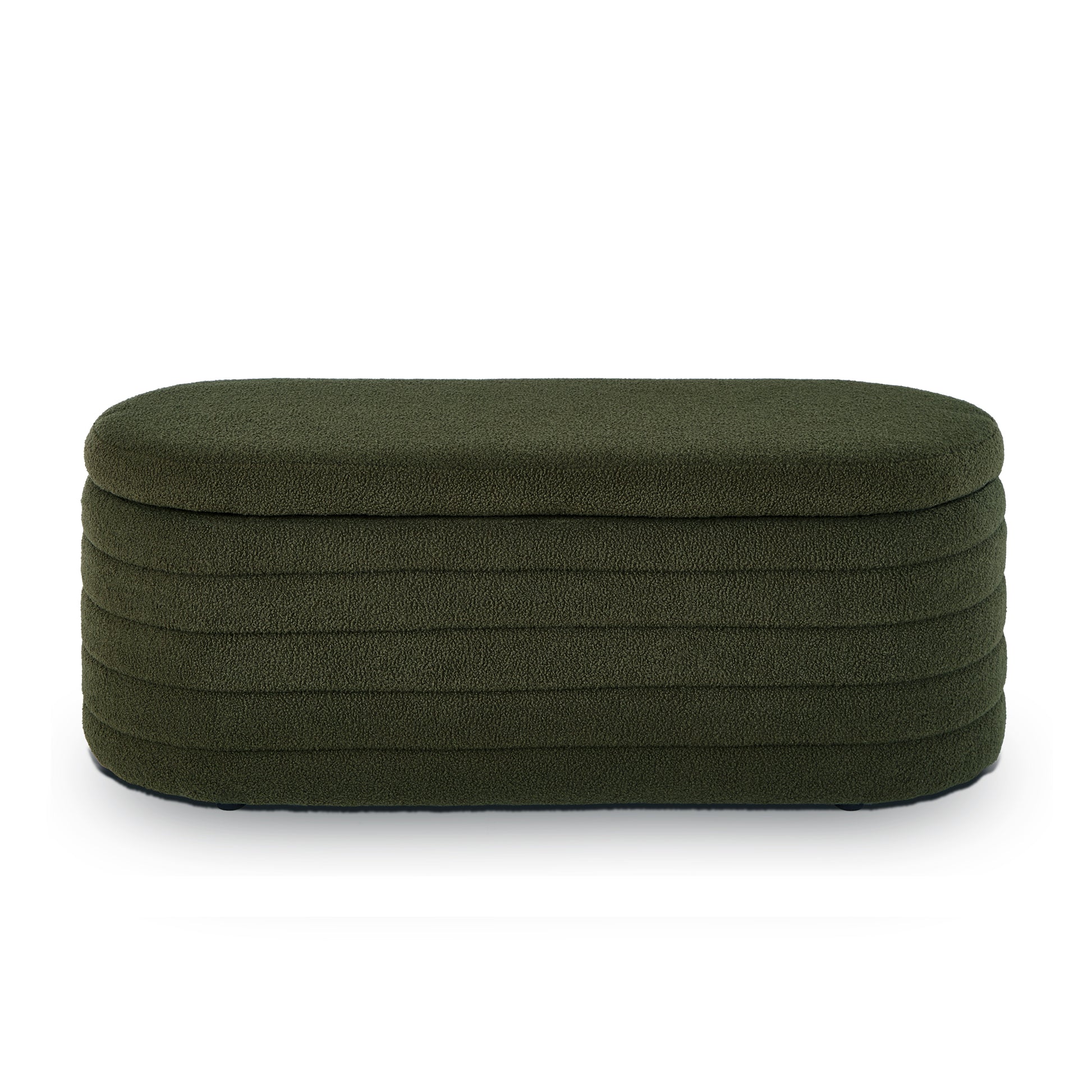 Modern Oval Storage Ottoman Bench, Upholstered Boucle Teddy Fabric End Of Bed Bench With Storage, End Of Bed Stool With Safety Hinge For Bedroom, Living Room, Entryway, Dark Green Dark Green Primary Living Space Oval Black American