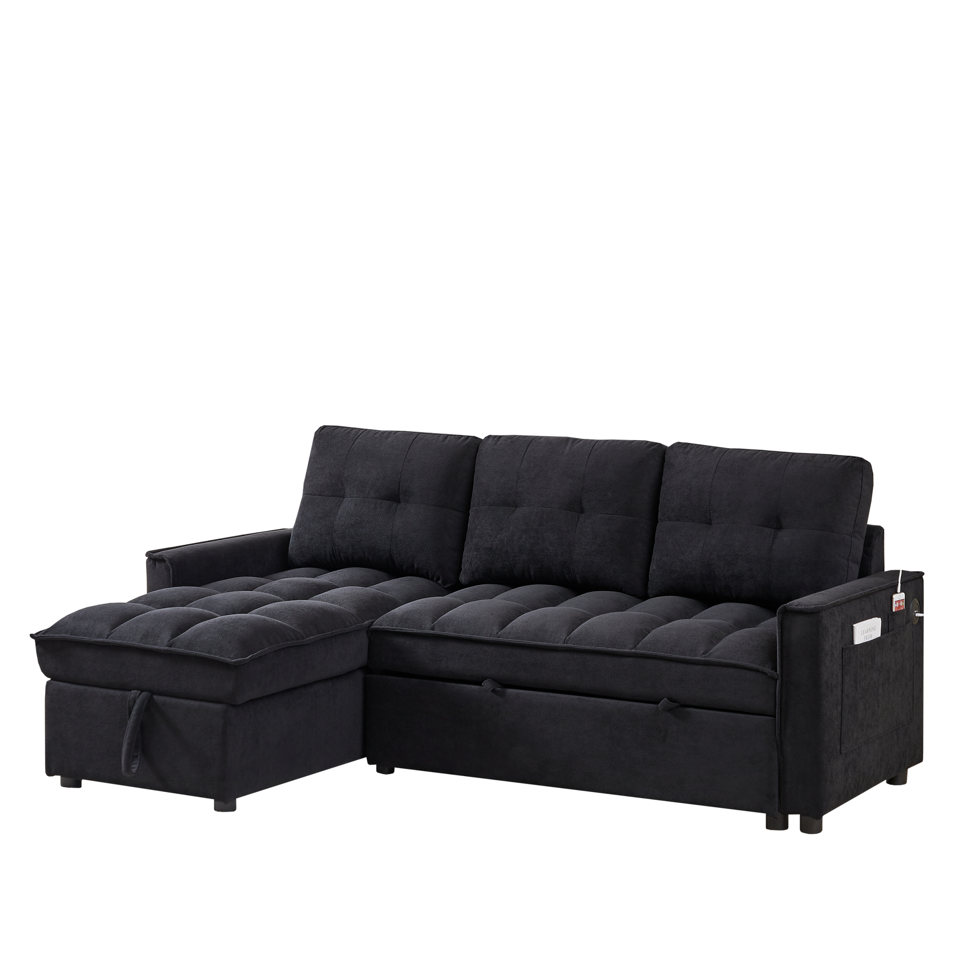 Mh 78.75" Reclining Sofa, Pull Out Sofa Bed With Usb And Tape C Charging Ports, L Shaped Sectional Sofa With Reclining Storage And Arm Side Organizer Pocket Features, Living Room Comfort Sofa Black Chenille Wood Primary Living Space Eucalyptus Foam