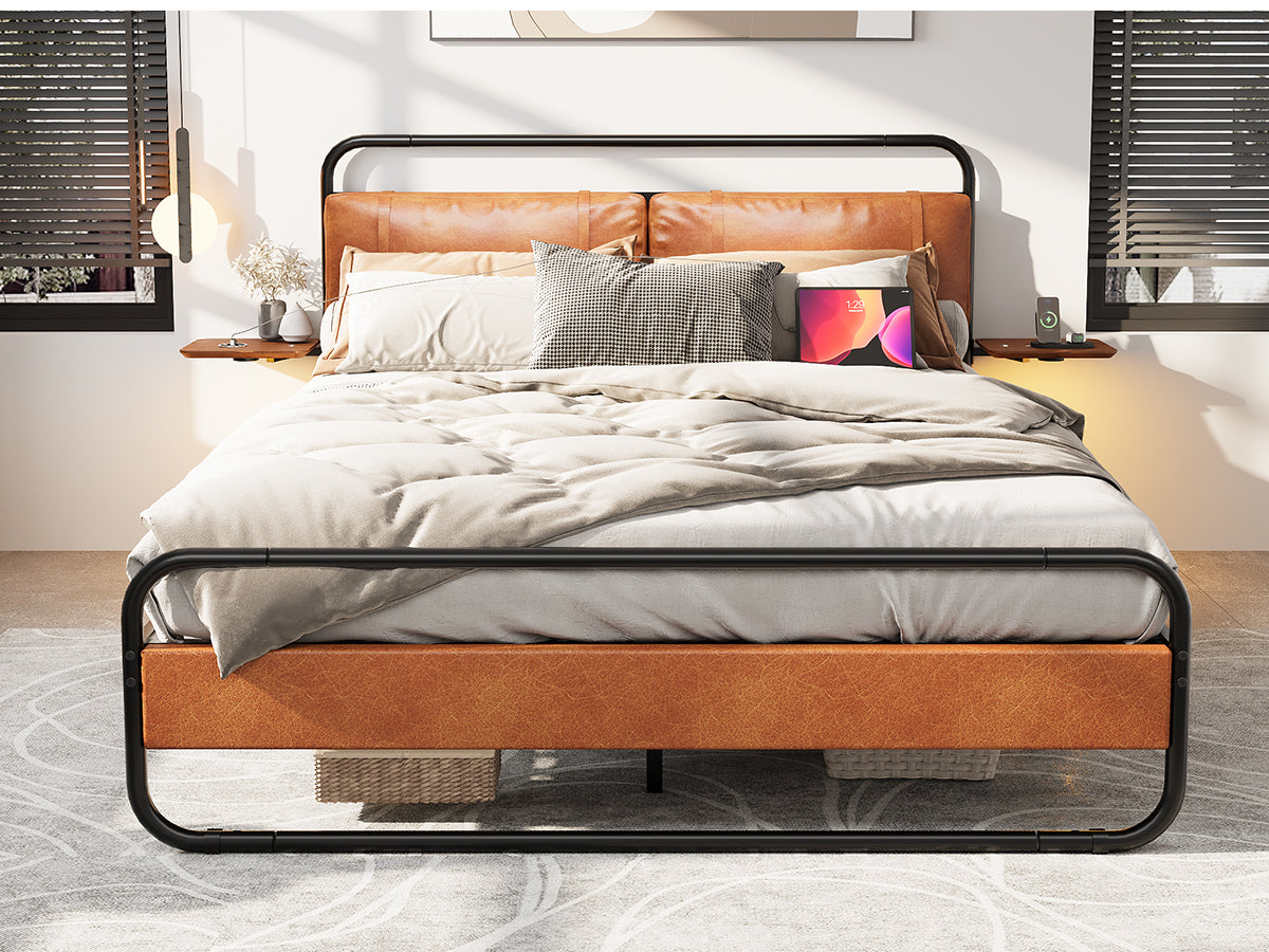 Queen Size Metal Bed Frame With Upholstered Headboard, With Wireless Charging And Usb A & Usb C, Touch Led Light,Oval Shaped Platform Bed With Under Bed Storage, No Box Spring Needed, Vintage Brown Box Spring Not Required Queen Antique Brown Metal
