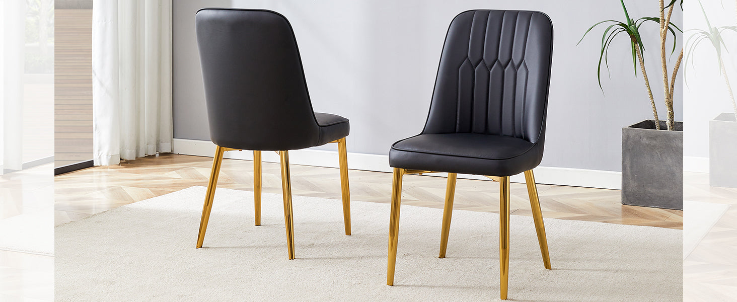 2 Modern Dining Chairs, Sleek Pu Leather Backrest, And Gold Metal Legs Bring A Comfortable Home Experience To The Kitchen, Bedroom, And Office. Black Pu