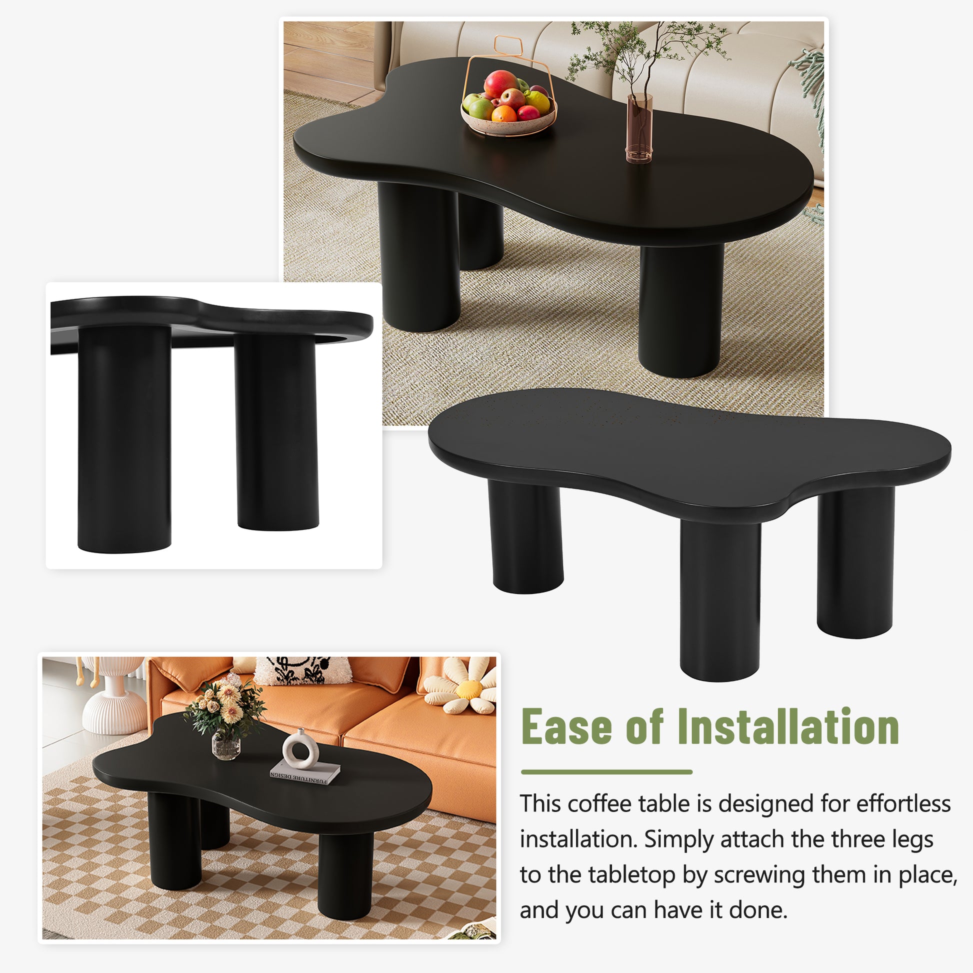44'' X 25.9'' Easy Assembly Cloud Coffee Table With 1.5'' Thick Tabletop, Cream Style Irregular End Table With 3 Sturdy Legs, Sleek Center Table With Round Edge For Living Room, Black Black Mdf