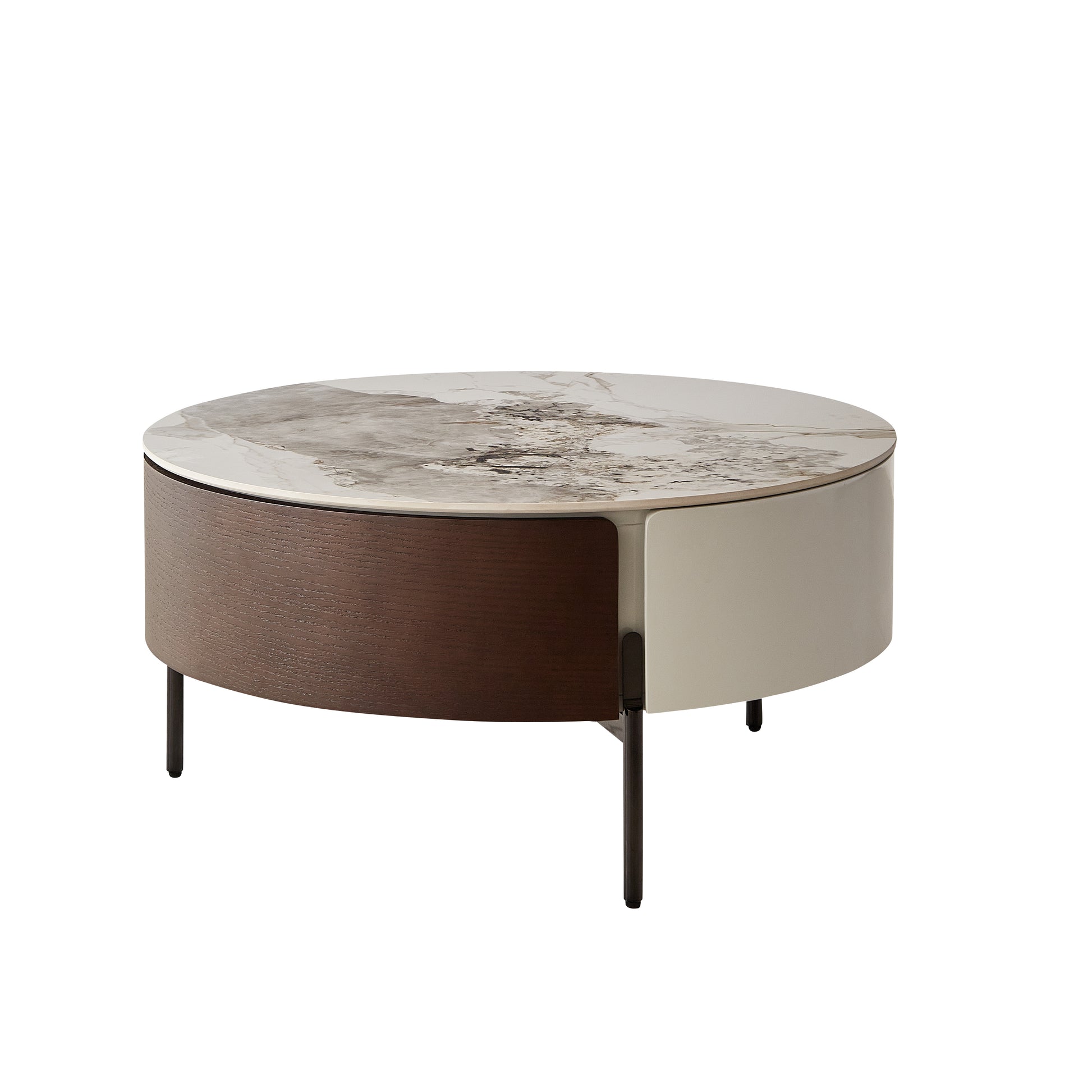 Modern Round White & Reall Wood Color Coffee Table With Drawers And Metal Legs,Drum Coffee Table With Golden Legs Circular Center Table With Ceramic Pattern Top For Living Room Apartment Office White White Natural Ceramic Mdf