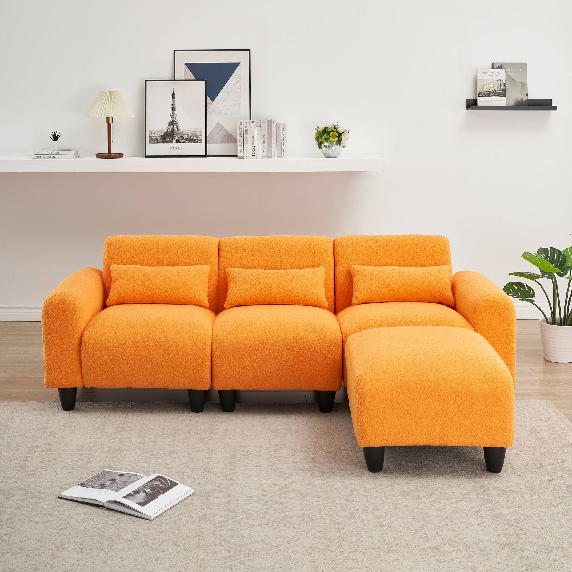 The 84.6 Inch Orange Teddy Fleece Creative Sofa Can Be Assembled Into A Two Seater Sofa With A Single Couch With Three Waist Pillows To Perfectly Stretch Your Waist For Small Apartment Bedroom Spaces Orange Polyester Blend 4 Seat