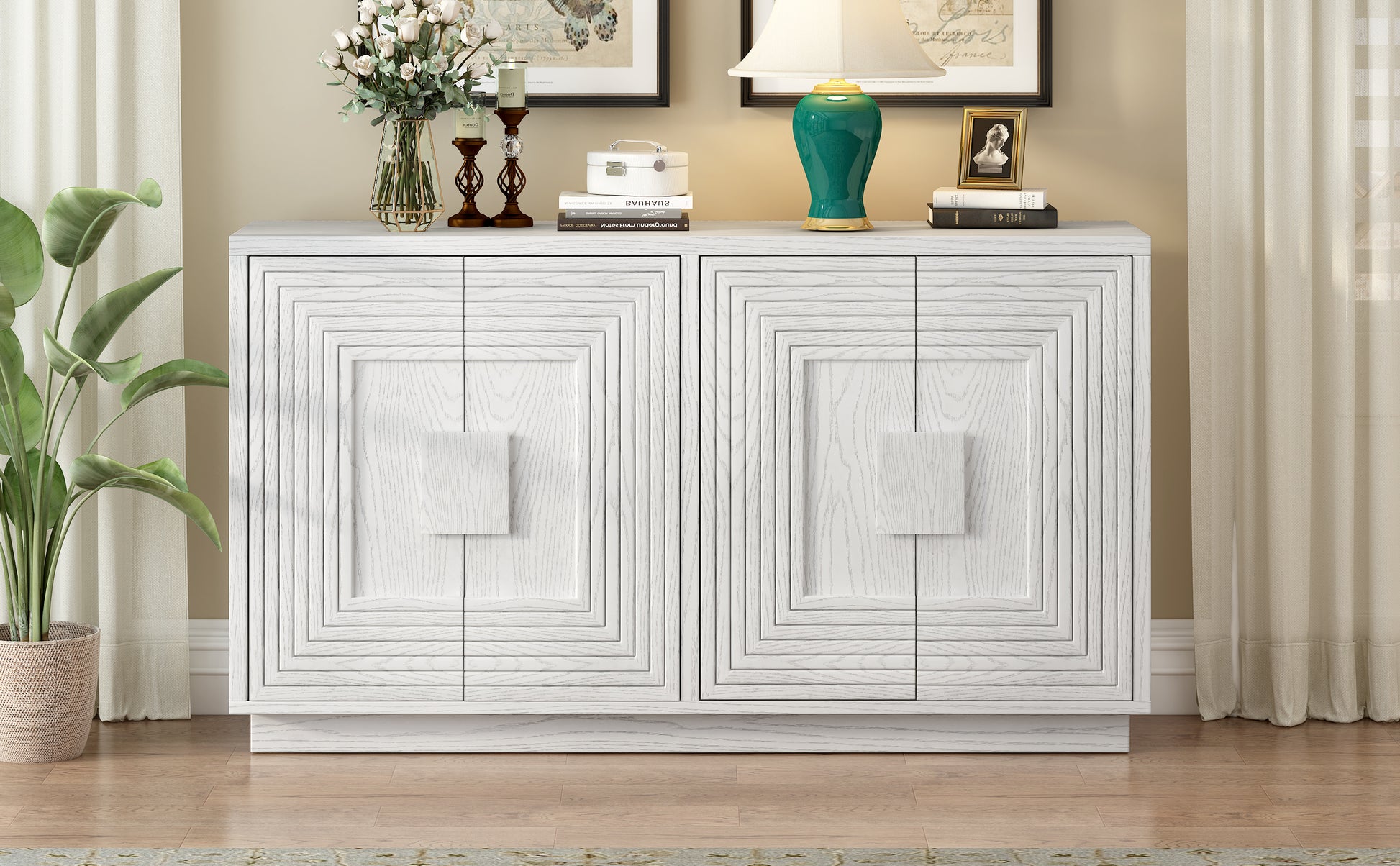 Vintage Distressed 4 Door Sideboard With Adjustable Shelves And Geometric Pattern For Dining Room, Kitchen And Living Room Antique White Antique White Solid Wood Mdf