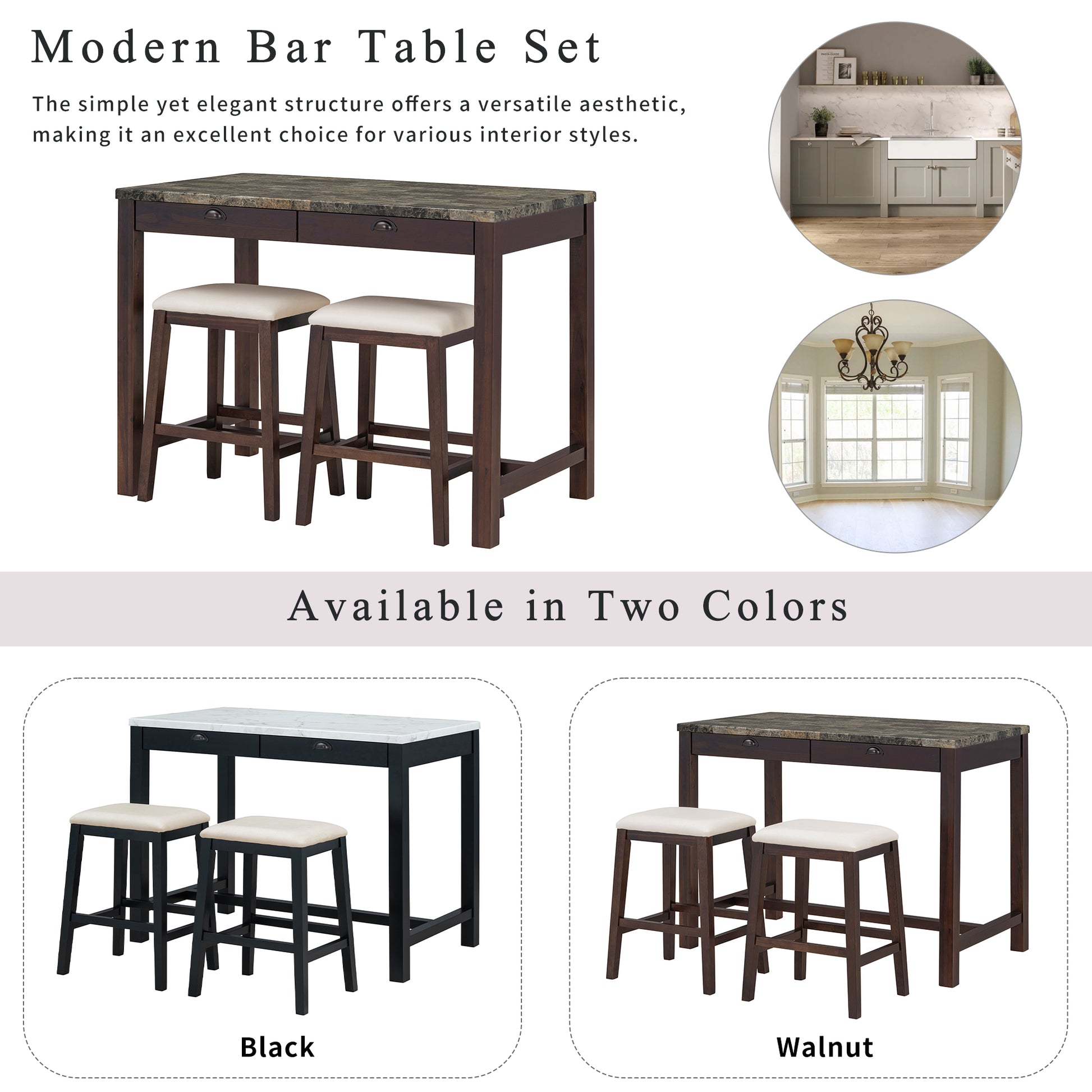 3 Piece Modern Faux Marble Versatile Bar Table Set With Storage Drawers And Padded Stools, Ideal For Space Saving Dining Nooks Or Small Kitchens Walnut Walnut Solid Wood Mdf