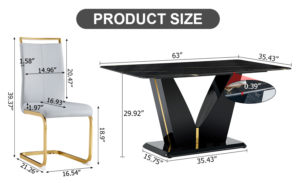 Table And Chair Set,Modern Minimalist Rectangular Dining Table, 0.4 Inch Thick, With A Black Imitation Marble Pattern Glass Desktop And Black Mdf Legs. Comfortable Pu Seats,Perfect For Dinner, Meet Grey Black Seats 6 Mdf Glass