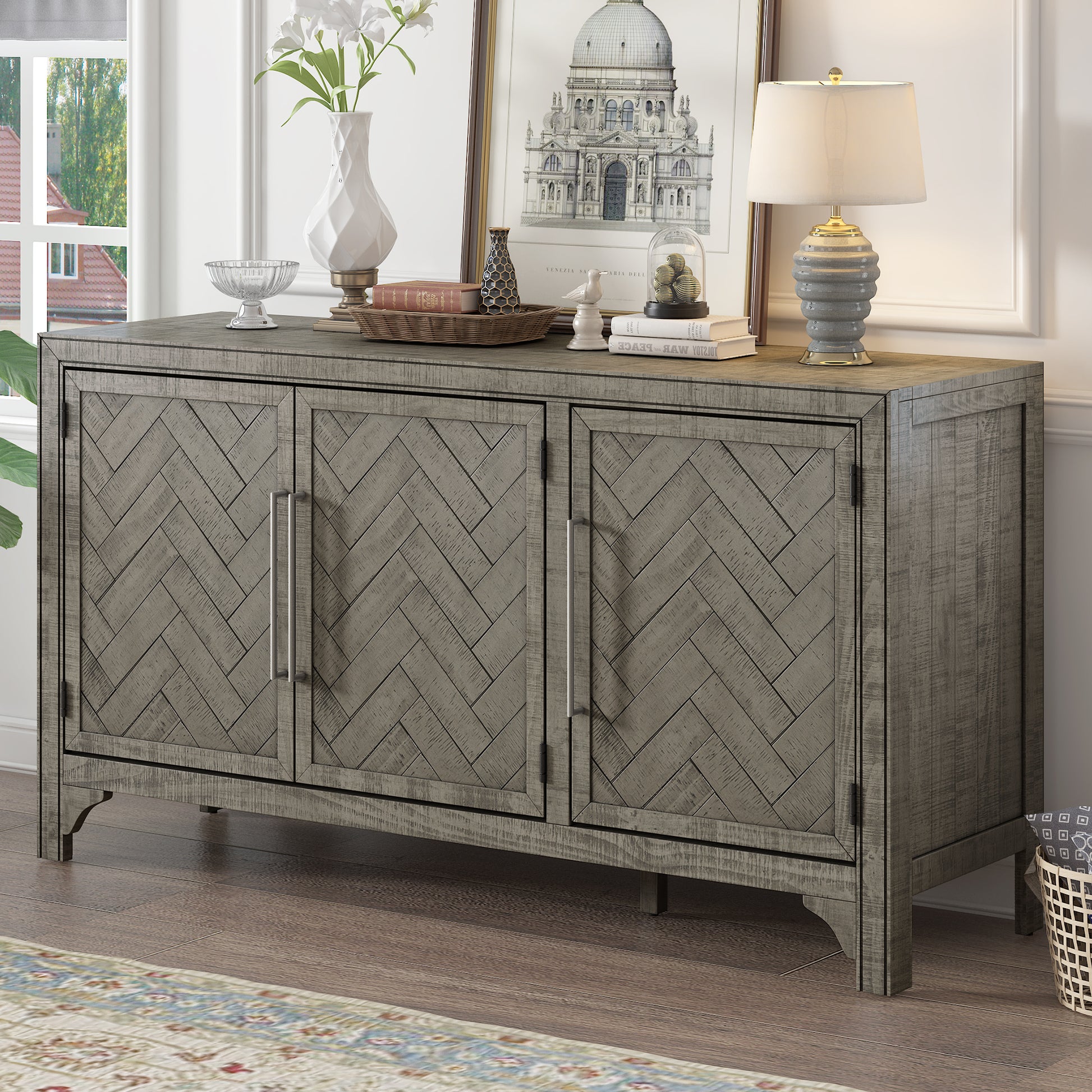 Designed Storage Cabinet Sideboard With Mdf Pine Veneeradjustable Shelves, Suitable For Living Rooms, Entrance And Study Rooms. Gray Primary Living Space Adjustable Shelves American Design,American Traditional,Classic Mdf