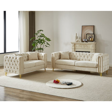 Chenille Pull Buckle Design Sofa For Living Room,Buttons Tufted With Copper Nail Decoration Armrest, Modern Couch Upholstered Button And Metal Legs Beige Foam Chenille 5 Seat