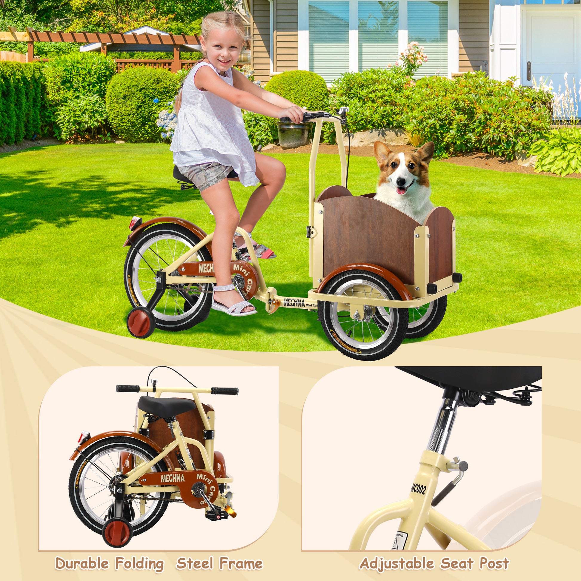 Foldable Tricycle For Kids Ages 6 12,Mini Cargo Bike,Pet Bike,Reverse Tricycle,Outdoor Parent Child Bike For Travel,With Cargo Basket And Training Wheels. Beige Steel