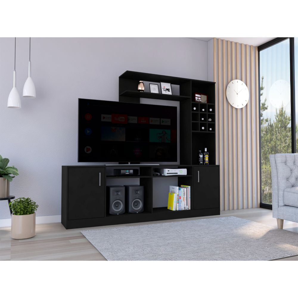 Entertainment Center For Tv S Up 78", Double Door Cabinet, Storage Spaces, Six External Shelves, Black Black 60 69 Inches Solid Wood Mdf Engineered Wood