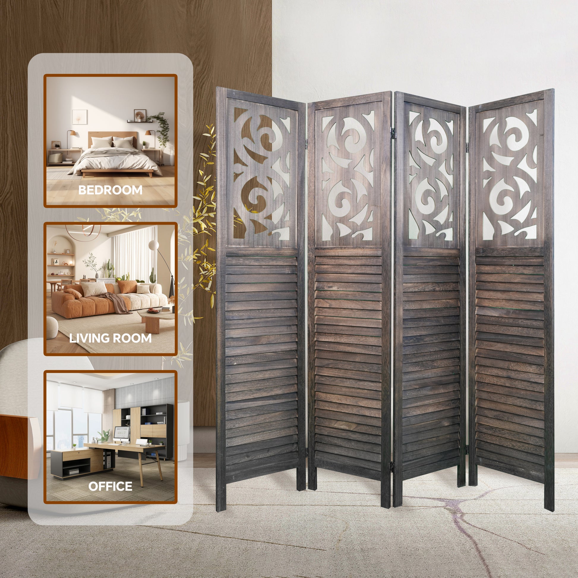 4 Panel Room Dividers, 6Ft Carved Wood Room Divider Partition Room Dividers Wall Wooden Carved Folding Privacy Screens Foldable Panel Wall Divider For Office Restaurant, Rustic Brown Rustic Brown Classic Wood