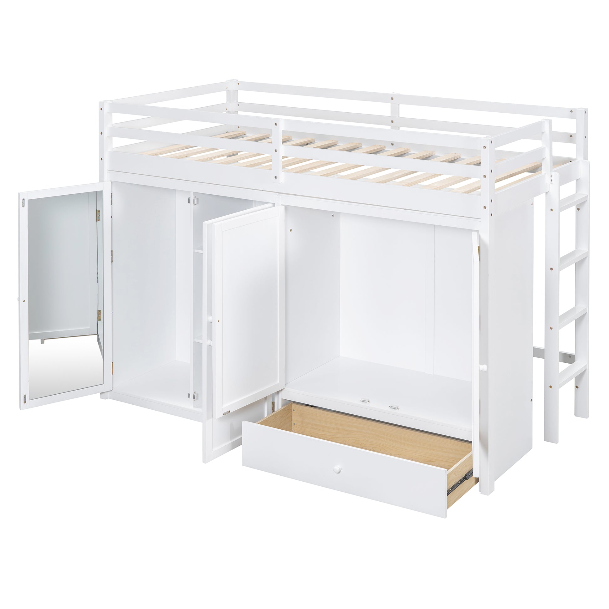 Twin Size Loft Bed With Drawer, Two Wardrobes And Mirror, White White Solid Wood Mdf