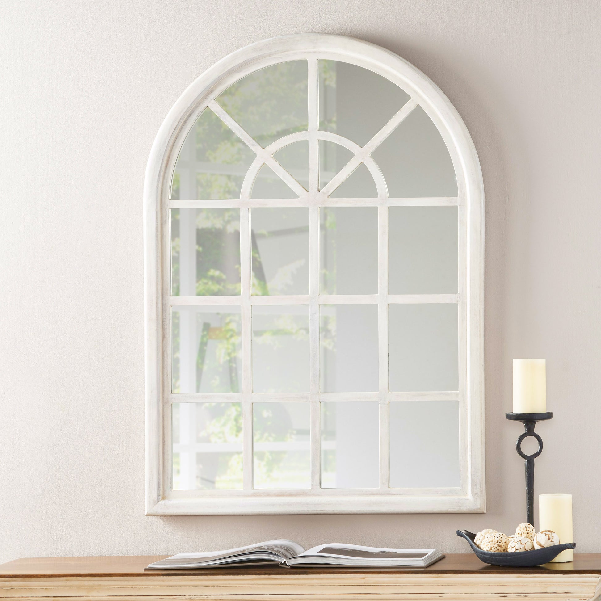 Arch Window Mirror White Wood