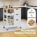 Rolling Portable Small Kitchen Island Cart On Wheels With Solid Wood Top, Dining Room Serving Utility Carts Mobile Movable With 3 Drawers And Storage Shelves Cabinet, White White White Dining Room American Design Rectangular Kitchen Island Sets Mdf Small