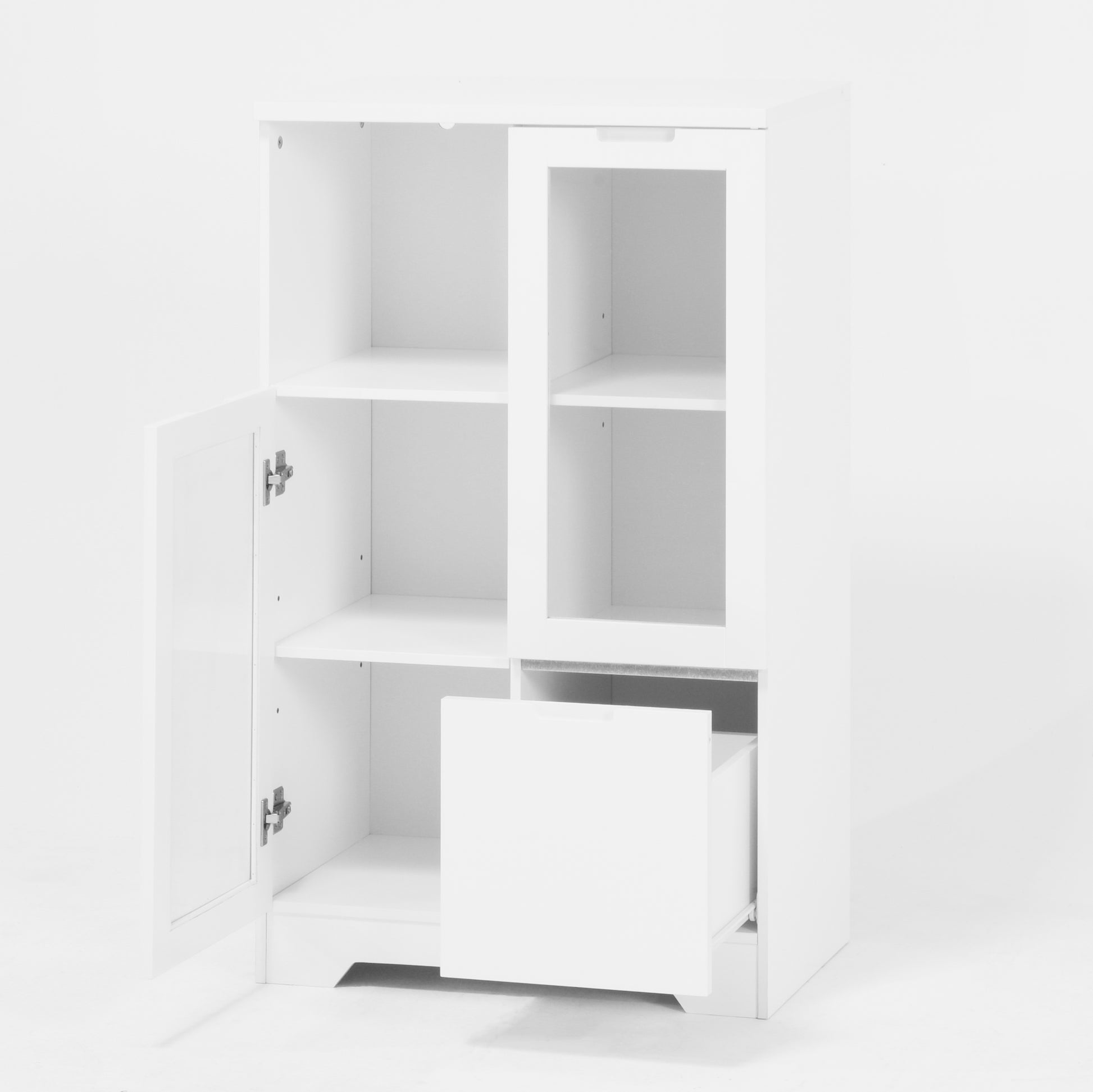 Wooden Floor Cabinet With 2 Glass Doors And 2 Storage Space,White ,Living Room Bathroom Entryway White White Mdf