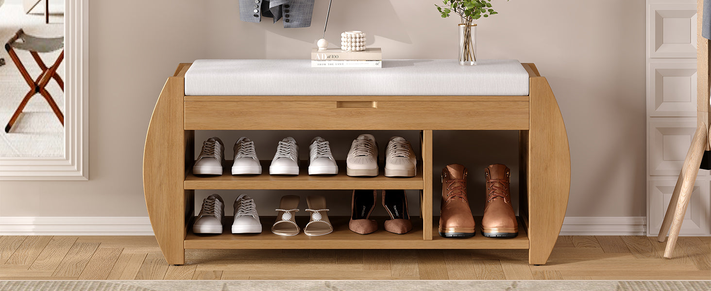 Retro Multifunctional Storage Bench With Cushion And Curved Side Panel For Entrance And Living Room Natural Natural Mdf