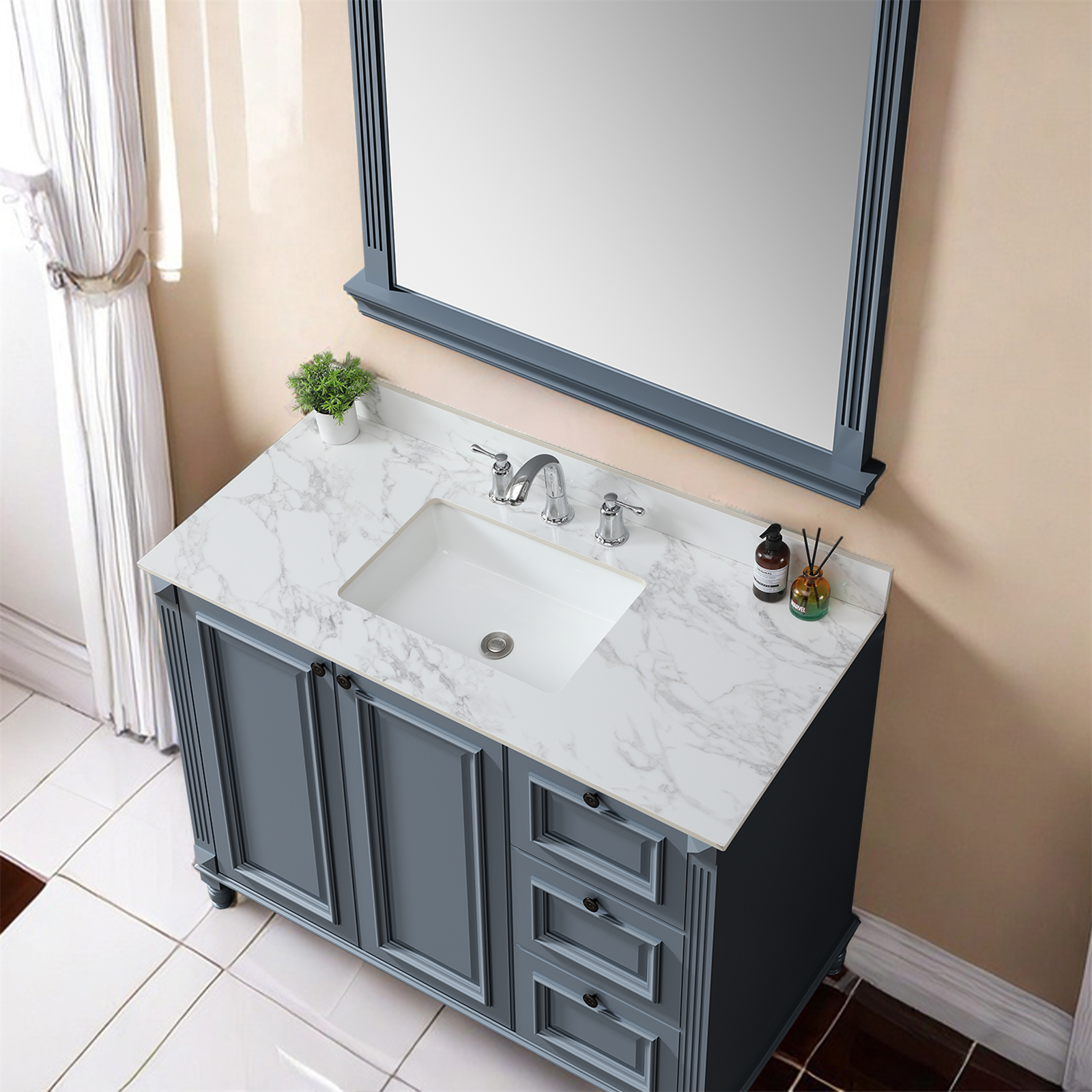 49"X22"Bathroom Vanity Top,Sintered Stone Carra Whitebarthroom Vanity Sink Tops With Rectangular Undermount Ceramic Sink With Vanity Backsplash, Three Faucet Hole Bathroom Vanity Countertop White