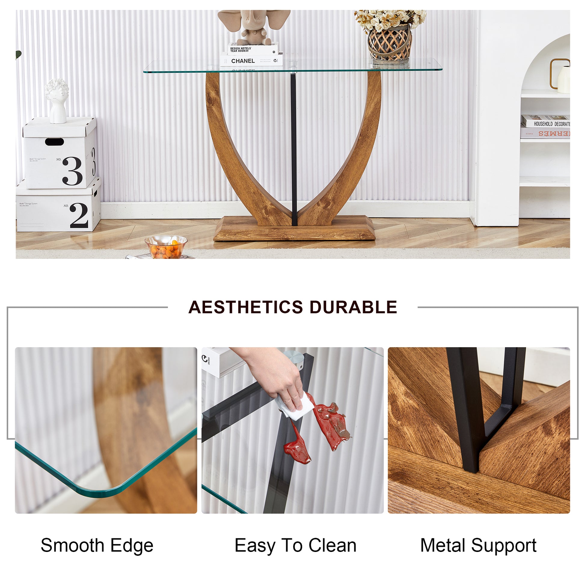 Modern Minimalist Rectangular Glass Table With 0.39 "Tempered Glass Top And Mdf Wood Grain Sticker Legs, Suitable For Entrance And Living Room. Transparent Glass