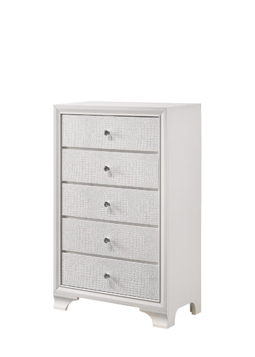 1Pc Modern Glam Style White Frost Finish Glam Five Drawer Chest Embossed Crocodile Pattern Wooden Bedroom Furniture White Bedroom Modern Solid Wood