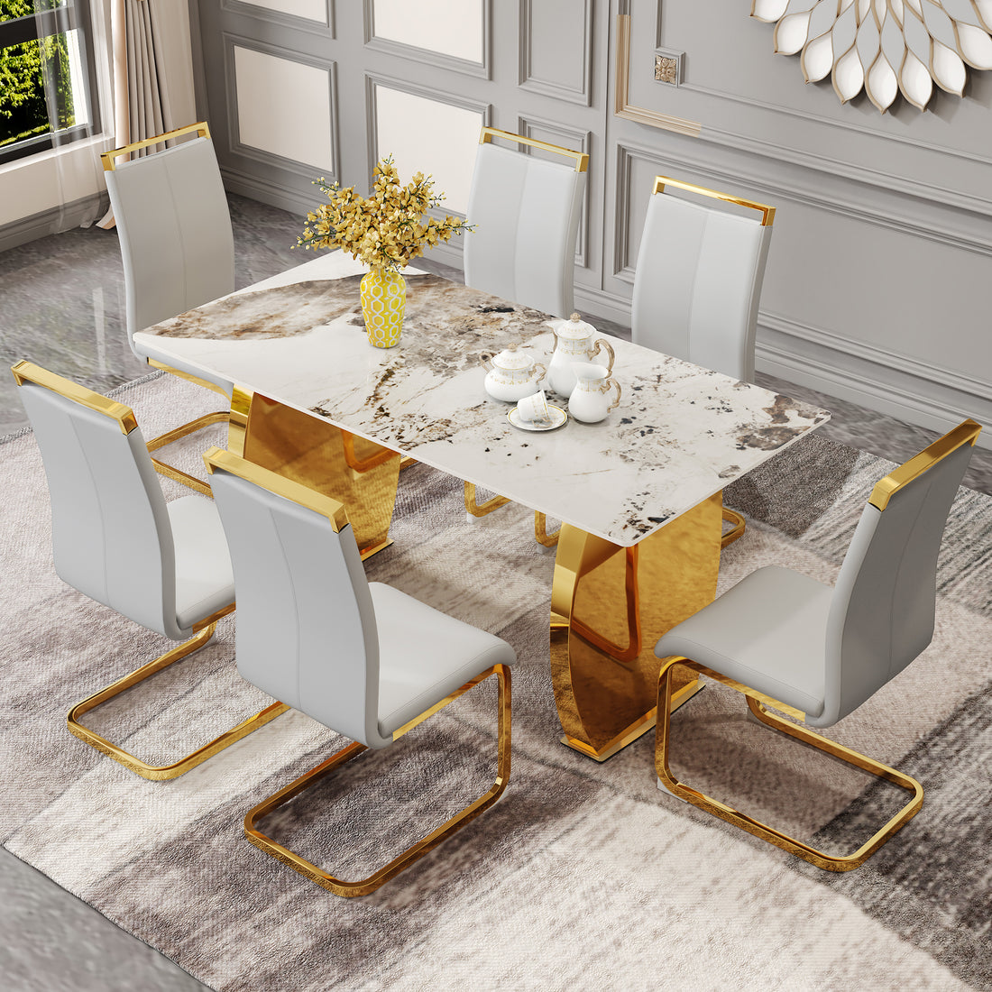 Table And Chair Set, Rock Plate Table Top, Gold Metal Table Legs, Stable And Beautiful, Suitable For Most Home Styles. Modern Simple Dining Table, Comfortable Seating. Grey Gold Seats 6 Sintered Stone