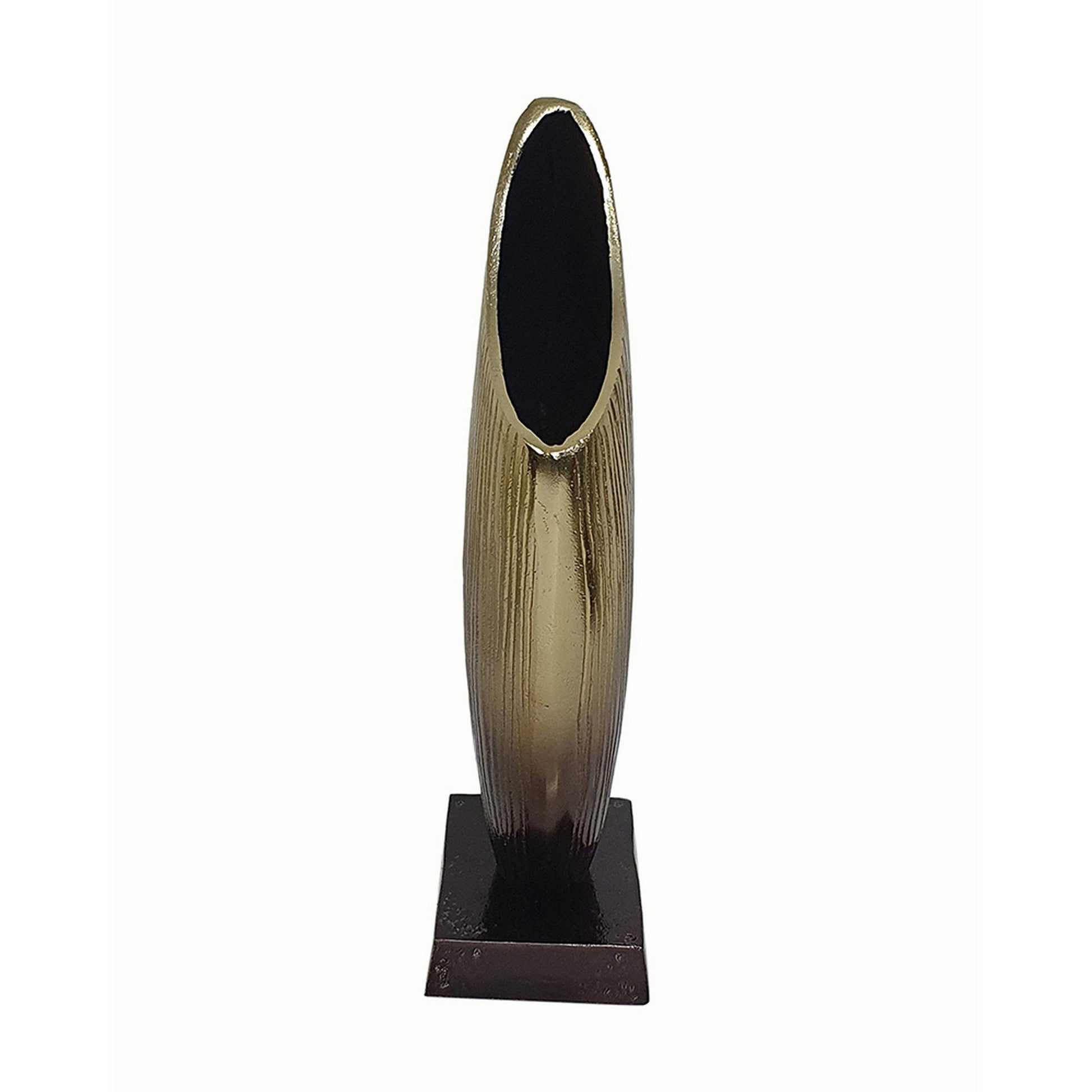 15 Inch Decorative Vase, Aluminum, Vertical Ribbing, Gold And Jet Black Gold Black Aluminium