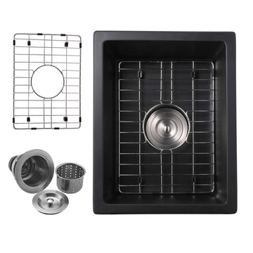 Quartz 13.77" L X 17.71" W Undermount Bar Sink With Basket Strainer Black Quartz