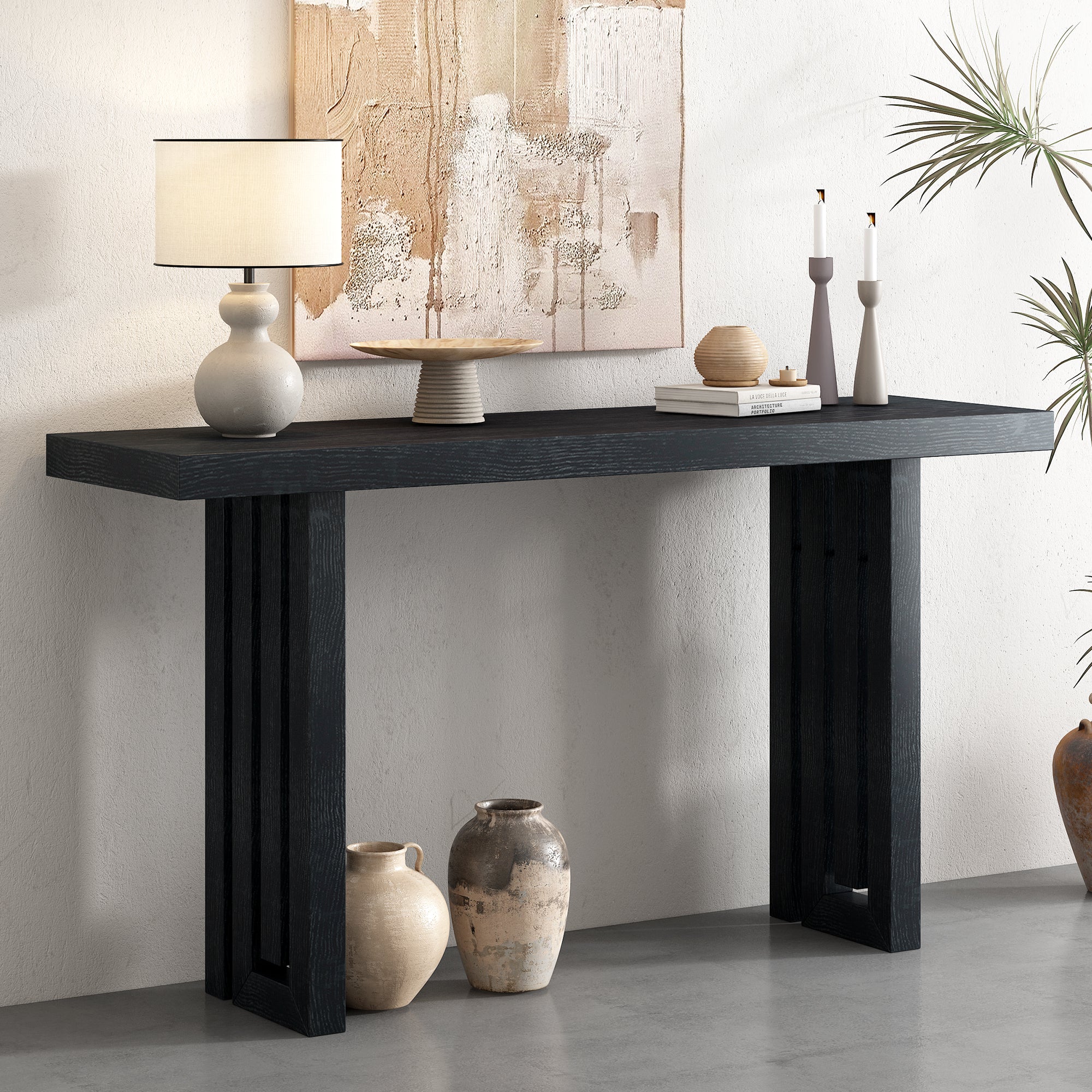 Uniquely Designed Oak Veneer Console Table With Distinctive Side Shapes, Suitable For Entryway, Hallway, Living Room, Foyer, Corridor Black Mdf