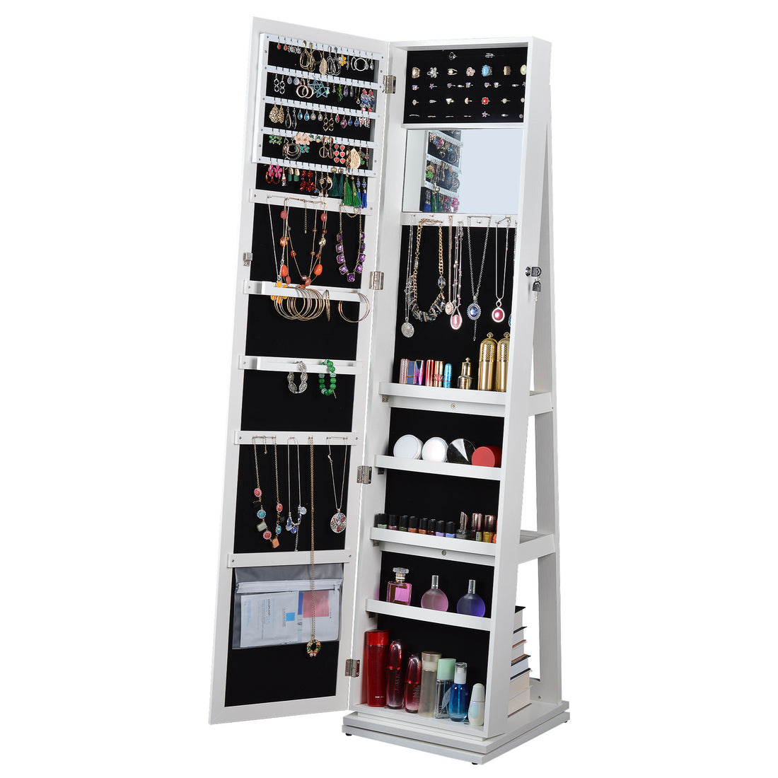 Full Length Mirror 360 Swivel Jewelry Cabinet White Mdf