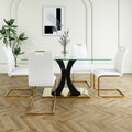 Modern Style Glass Dining Table, Elegant Transparent Design, Solid Support Base, White Dining Chair Set, Gold Plated Legs, Suitable For Restaurant Kitchen Use Set Of 5 White Gold Seats 4 Mdf Glass