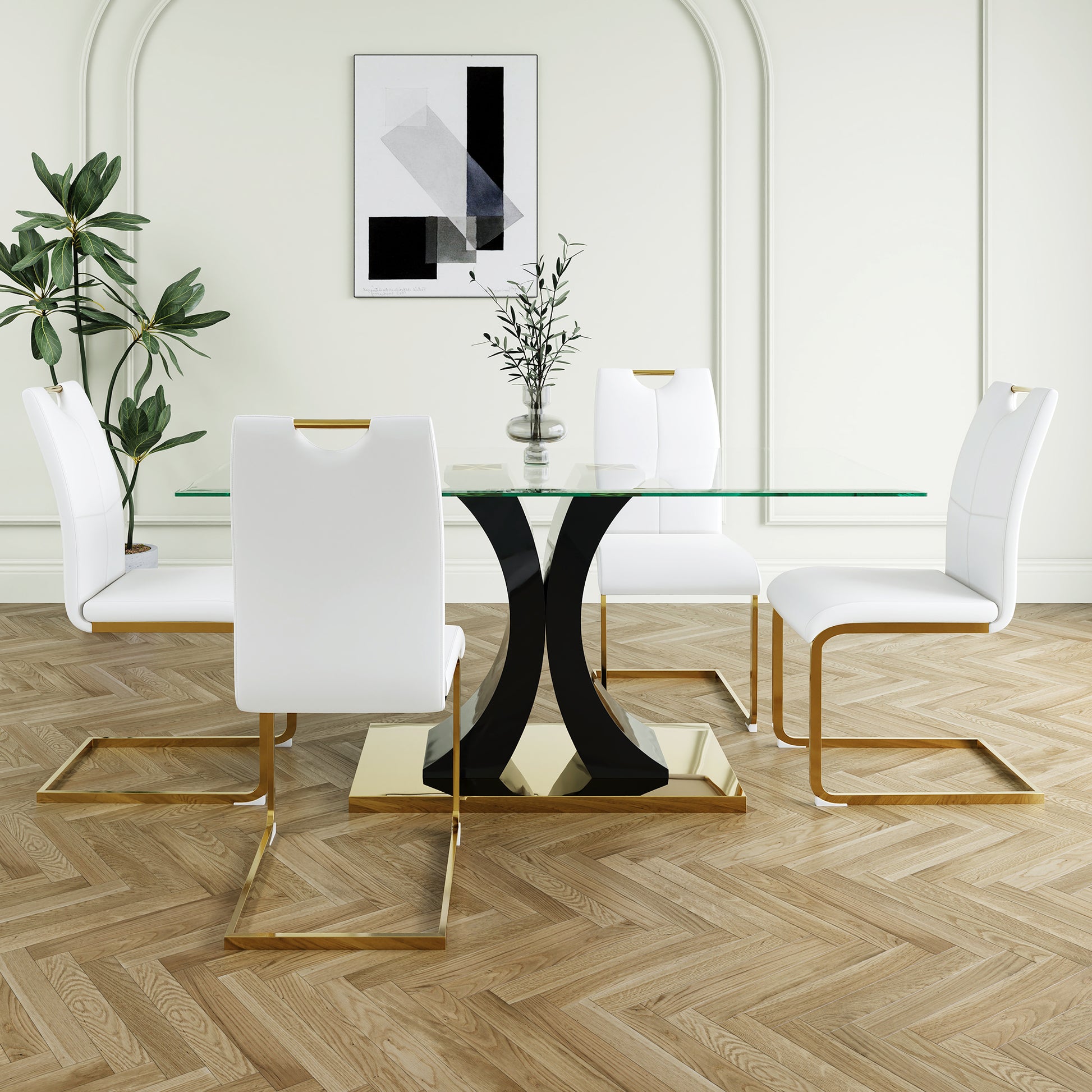Modern Style Glass Dining Table, Elegant Transparent Design, Solid Support Base, White Dining Chair Set, Gold Plated Legs, Suitable For Restaurant Kitchen Use Set Of 5 White Gold Seats 4 Mdf Glass