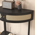 Unique Half Moon Design End Table With Rattan Door,Elegant Semicircle Sofa Side Table With 2 Rattan Storage Cabinet And Bottom Shelf For Living Room, Bedroom Black Primary Living Space Boho Freestanding Semicircular Drawers Coffee & End Tables Polished