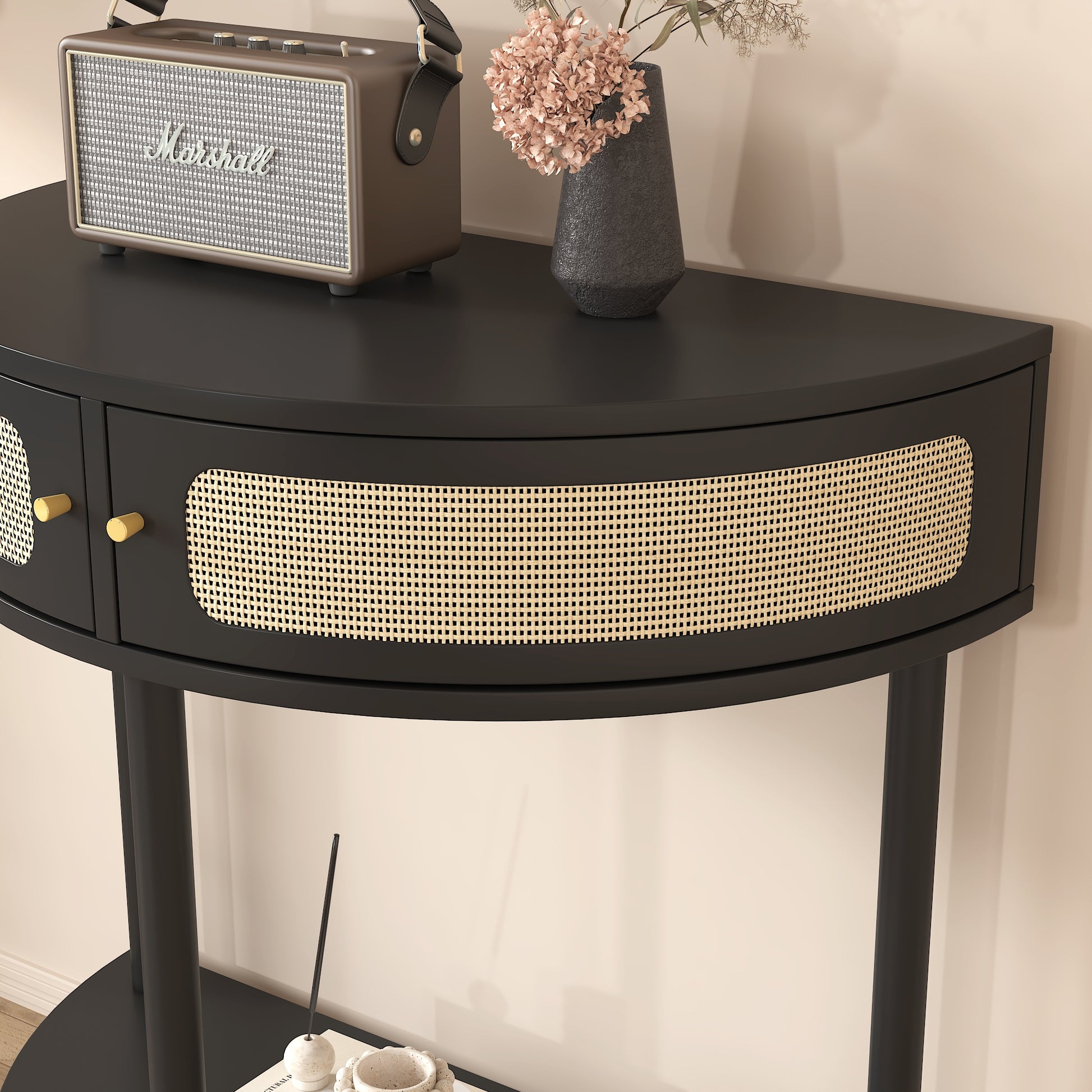 Unique Half Moon Design End Table With Rattan Door,Elegant Semicircle Sofa Side Table With 2 Rattan Storage Cabinet And Bottom Shelf For Living Room, Bedroom Black Primary Living Space Boho Freestanding Semicircular Drawers Coffee & End Tables Polished