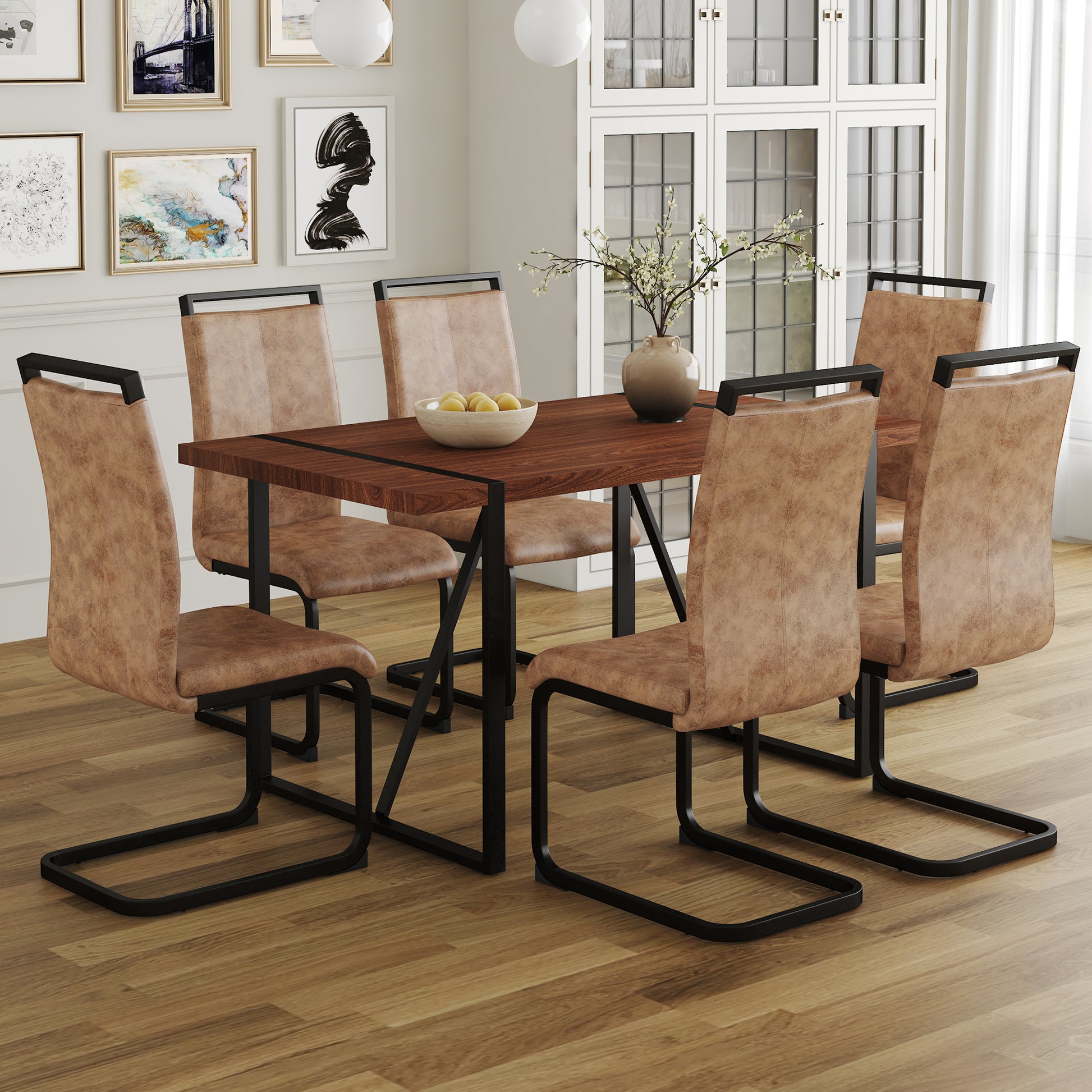 Table And Chair Set. A Minimalist Retro Rectangular Dining Table With A Specially Textured Top And Black Metal Legs, Paired With 6 Soft Chairs And Black Metal Legs, Showcases A Beautiful Home Style.