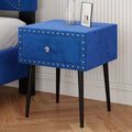 Modern Nightstands Set Of 2 With Drawer And Crystal Handle, Elegant Rivet Velvet Design Bedside Table For Bedroom, Blue Blue 1 Drawer Bedside Cabinet Mdf