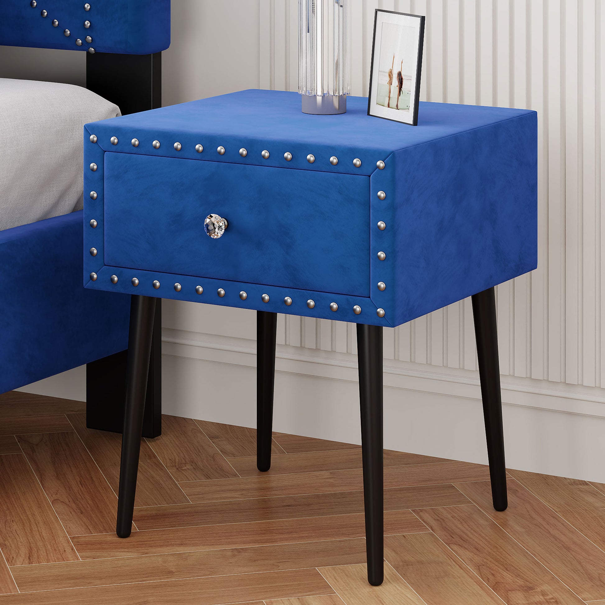 Modern Nightstands Set Of 2 With Drawer And Crystal Handle, Elegant Rivet Velvet Design Bedside Table For Bedroom, Blue Blue 1 Drawer Bedside Cabinet Mdf