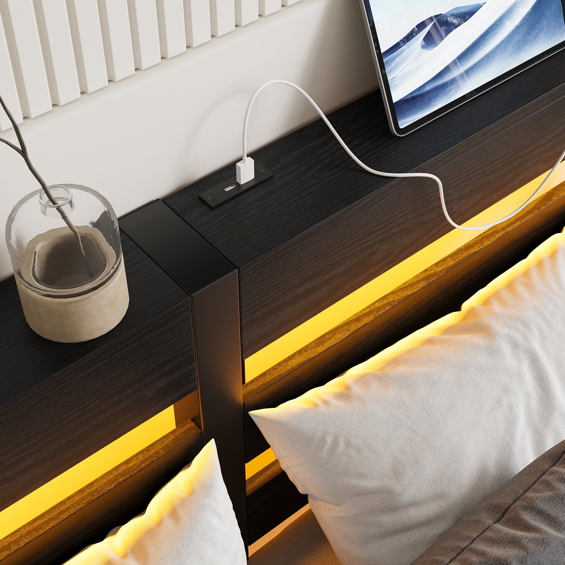 Full Size Metal Bed Frame With Wooden Headboard, Rgb Lights, Outlets & Charger, Storage Shelf, Noise Free, No Box Spring Needed Box Spring Not Required Full Black Metal Bedroom Bed Frame Metal & Wood