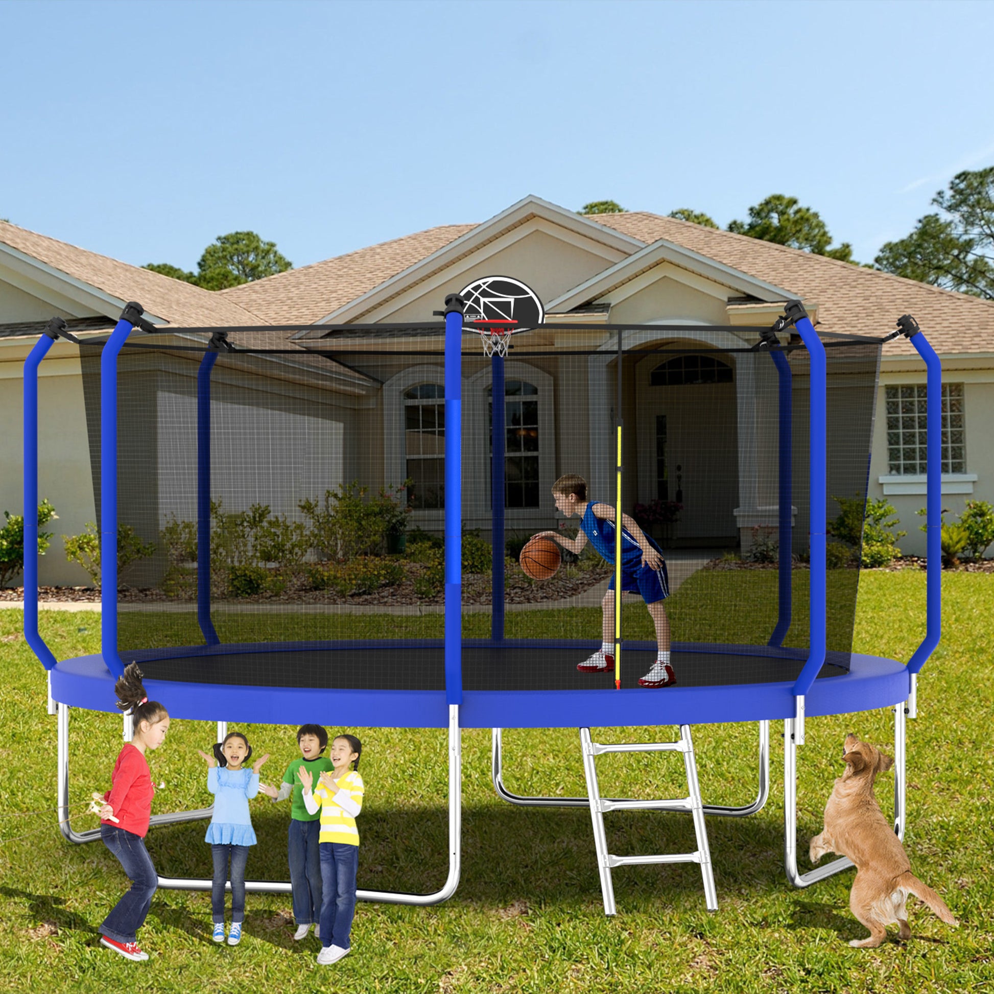 14Ft Trampoline With Basketball Hoop, Astm Approved Reinforced Type Outdoor Trampoline With Enclosure Net Blue Steel