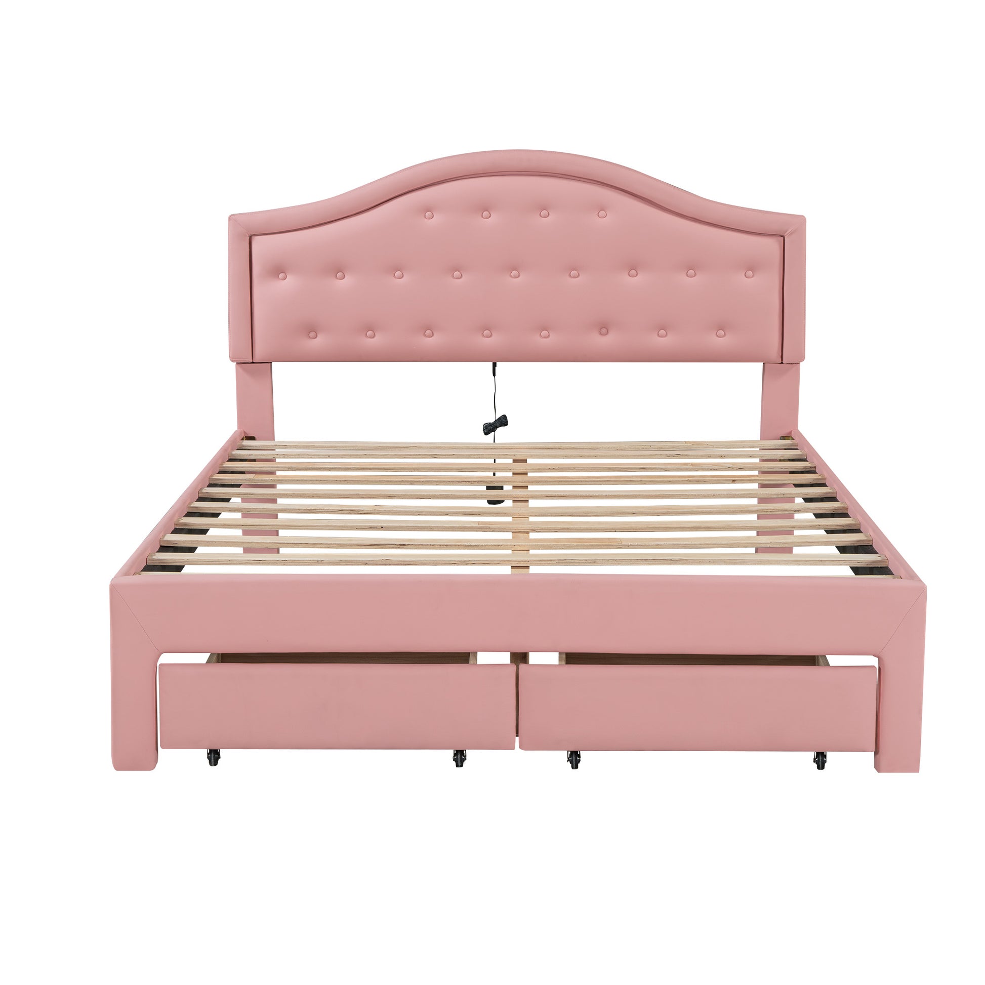 Queen Size Upholstered Platform Bed With Tufted Headboard, Led And 2 Drawers, Pink Box Spring Not Required Queen Pink Wood Bathroom Bed Frame Faux Leather Upholstered