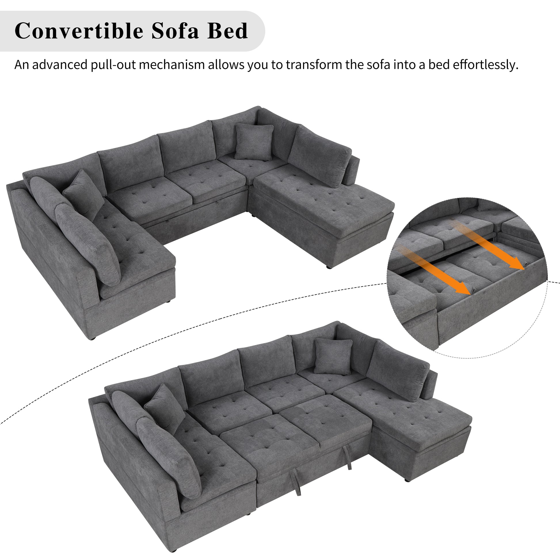 117.3" Oversized Sectional Sofa U Shaped Sofa Couch Pull Out Sofa Bed With Two Throw Pillows For Living Room, Gray Gray Foam Chenille 4 Seat