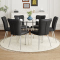 Table And Chair Set.A Modern Minimalist Round Dining Table With Transparent Tempered Glass Top And Silver Metal Legs,Paried With 6 Chairs With Pu Backrest And Seat Cushion And Silver Metal Legs. Black,Transparent Seats 6 Glass Metal