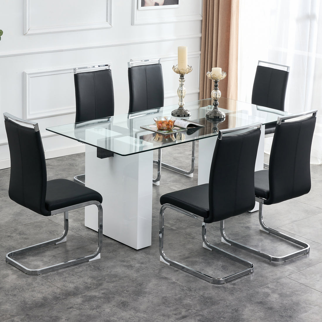 Table And Chair Set. Large Modern Rectangular Table With Glass Top And Large Mdf Legs. Comes With 6 Chairs With Faux Leather Upholstered Seats And Silver Metal Legs. White Black Seats 6 Mdf Glass