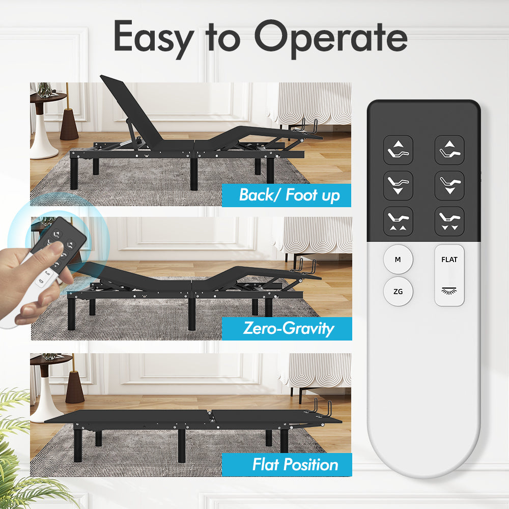 J300 Adjustable Bed Base Frame Queen Head And Foot Incline Zero Gravity Under Bed Lighting Wireless Remote Control Typea Typec Queen Antique Black Bedroom Adjustable Bedbase Steel