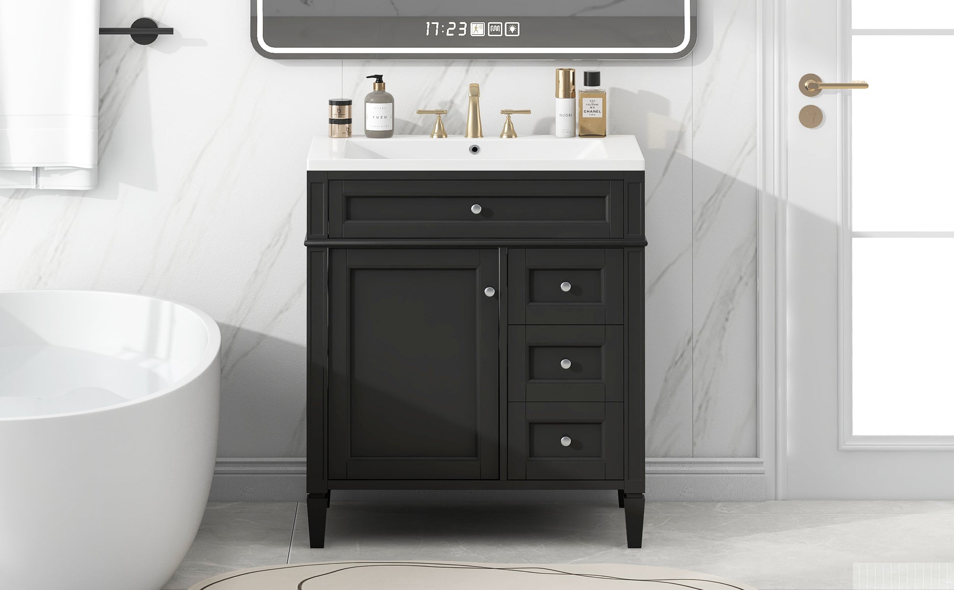 30'' Bathroom Vanity With Top Sink, Modern Bathroom Storage Cabinet With 2 Drawers And A Tip Out Drawer, Single Sink Bathroom Vanity Black Bathroom Solid Wood Mdf