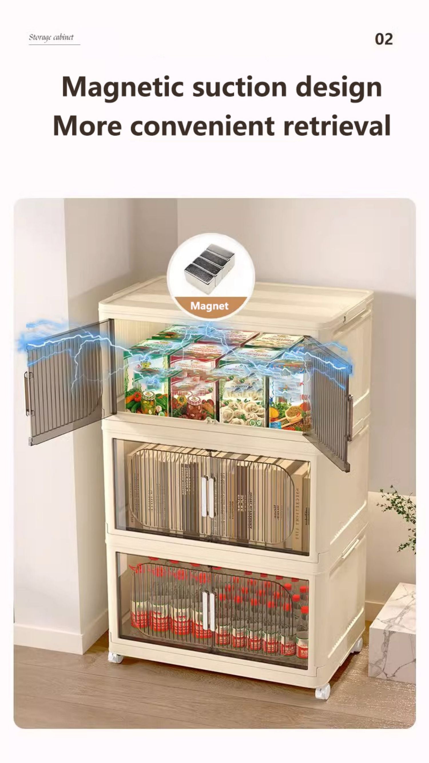 19.69" Side Wide Folding Storage Cabinet ,5 Tiers,19.69" 11.81" 50.00",Collapsible Storage Bins With Magnetic Door, Plastic Storage Cabinet With Wheels, Closet Organizers And Storage Containers Cream White Plastic